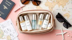 Travel-sized skincare products neatly packed in a pouch surrounded by travel essentials