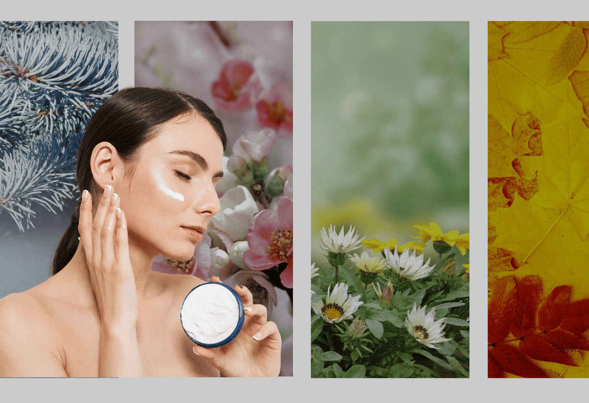 "A woman with radiant skin surrounded by a seasonal-themed collage: spring flowers, summer sunlight, autumn leaves, and winter snow, holding skincare products."