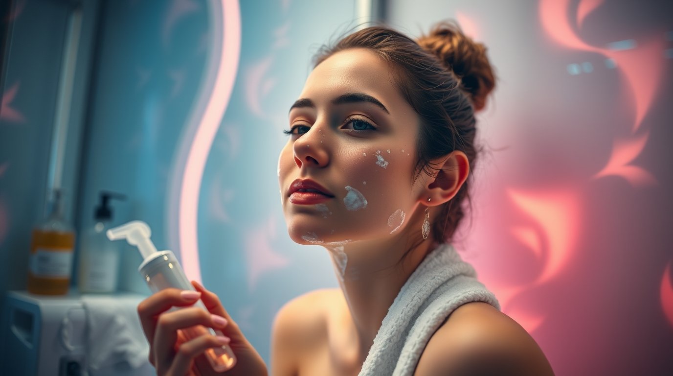 A woman applying facial cleanser in a modern bathroom with a towel wrapped around her shoulders.