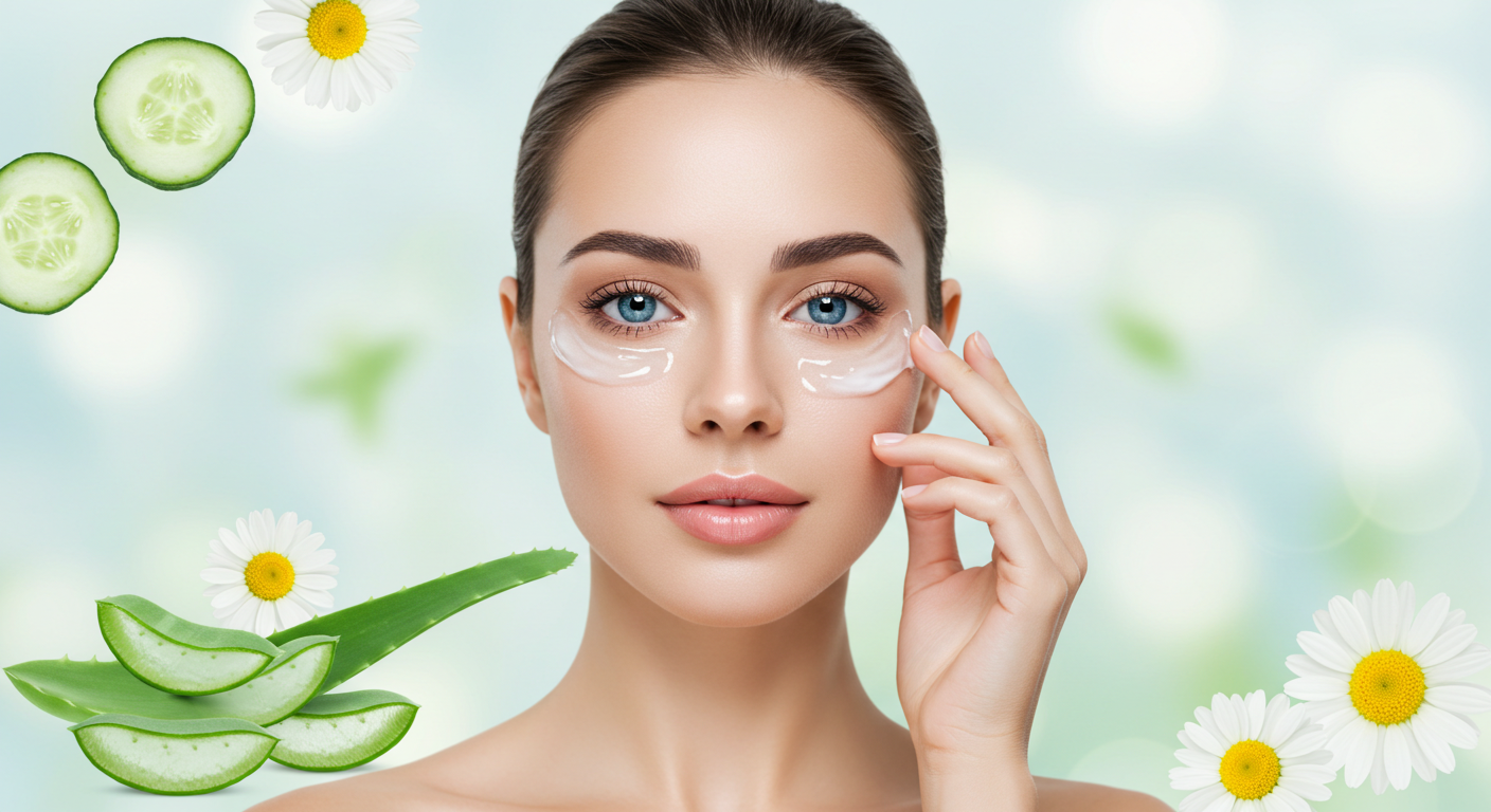 Woman with under-eye patches and aloe vera elements