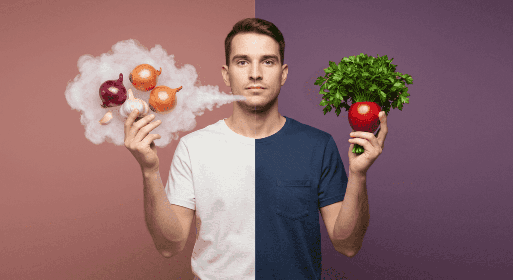 Man holding onions in one hand and fresh herbs in the other, symbolizing food choices.