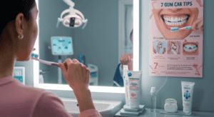 A woman brushing her teeth in front of a mirror with a gum care poster displayed, providing tips for healthy gums.