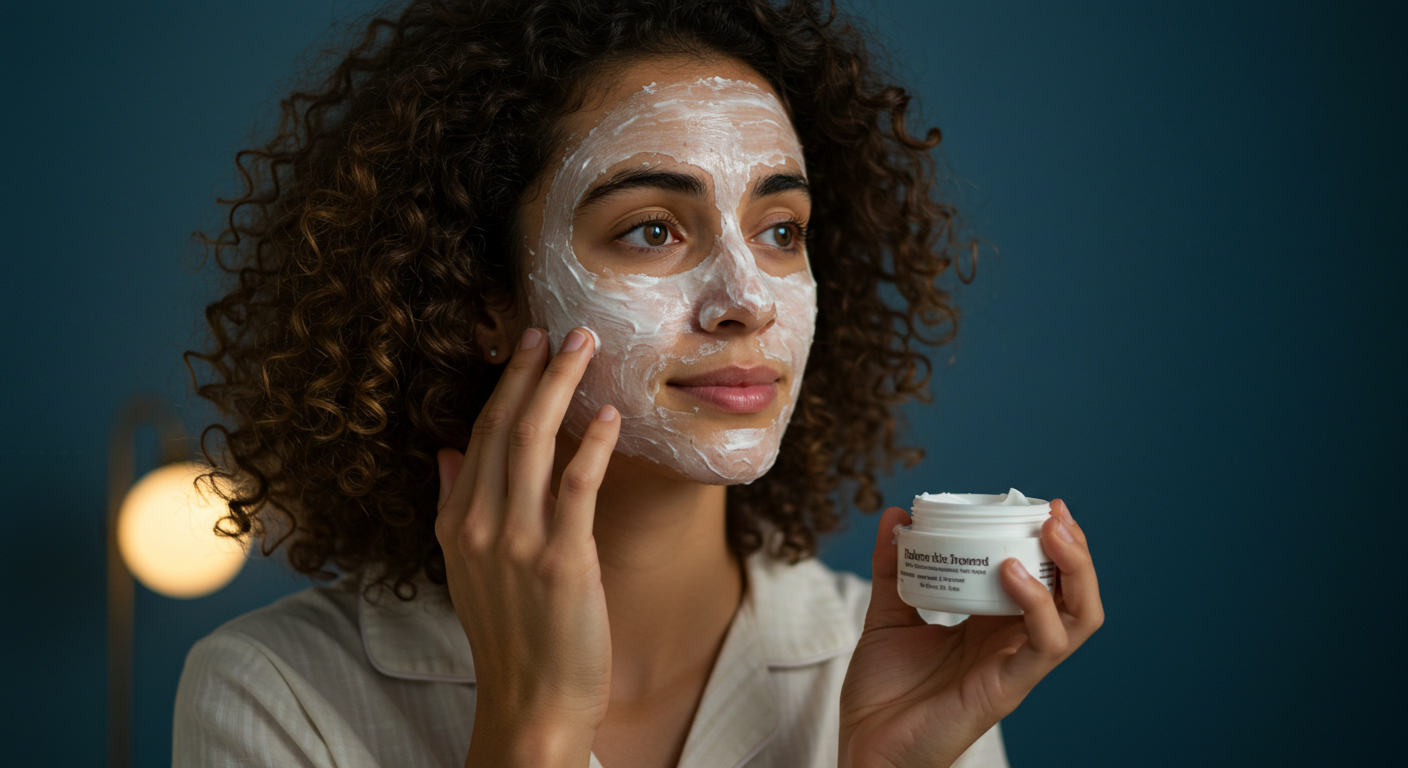 A young woman applying a facial cream as part of her nighttime skincare routine for glowing skin.