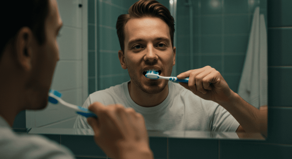 Man brushing his teeth in front of a mirror with a blue toothbrush.