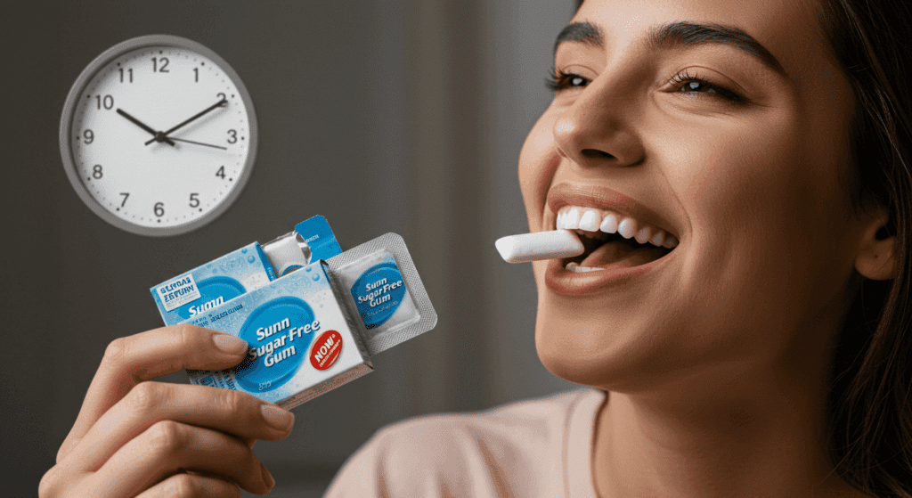 Woman smiling and holding sugar-free gum while chewing a piece.
