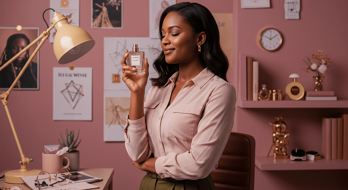 A woman in an elegant pink blouse holding a perfume bottle in her creative workspace, surrounded by stylish decor.