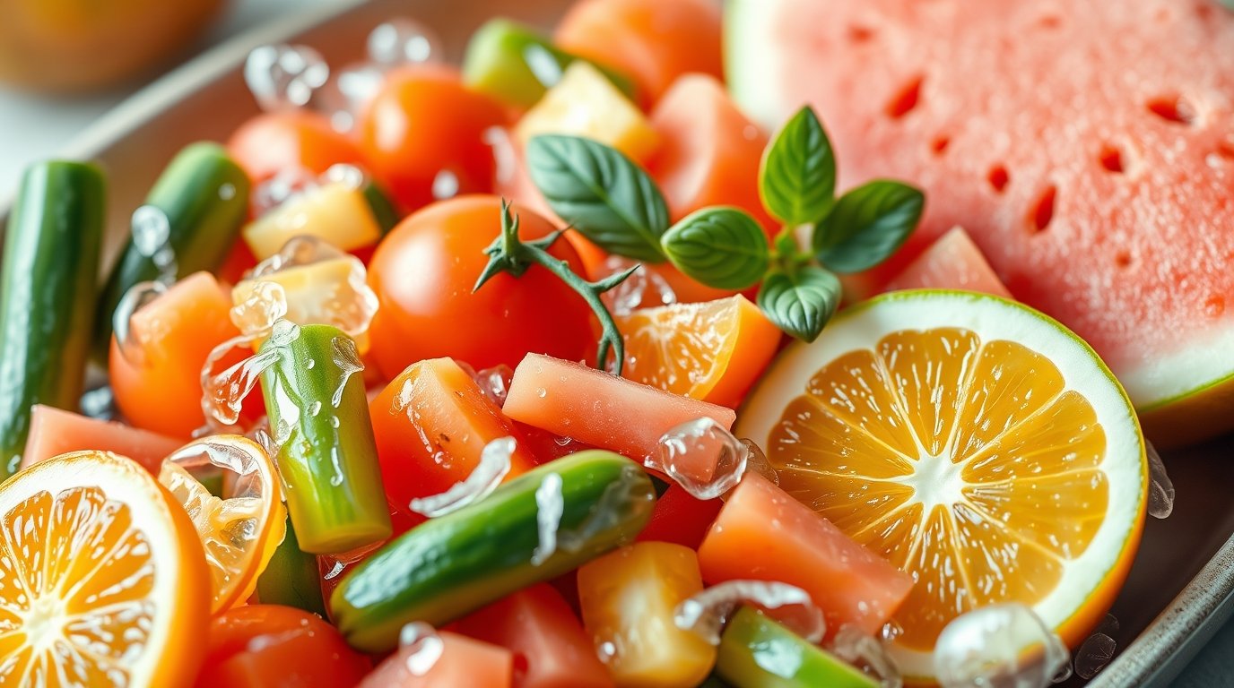 Fresh fruits and vegetables with water droplets