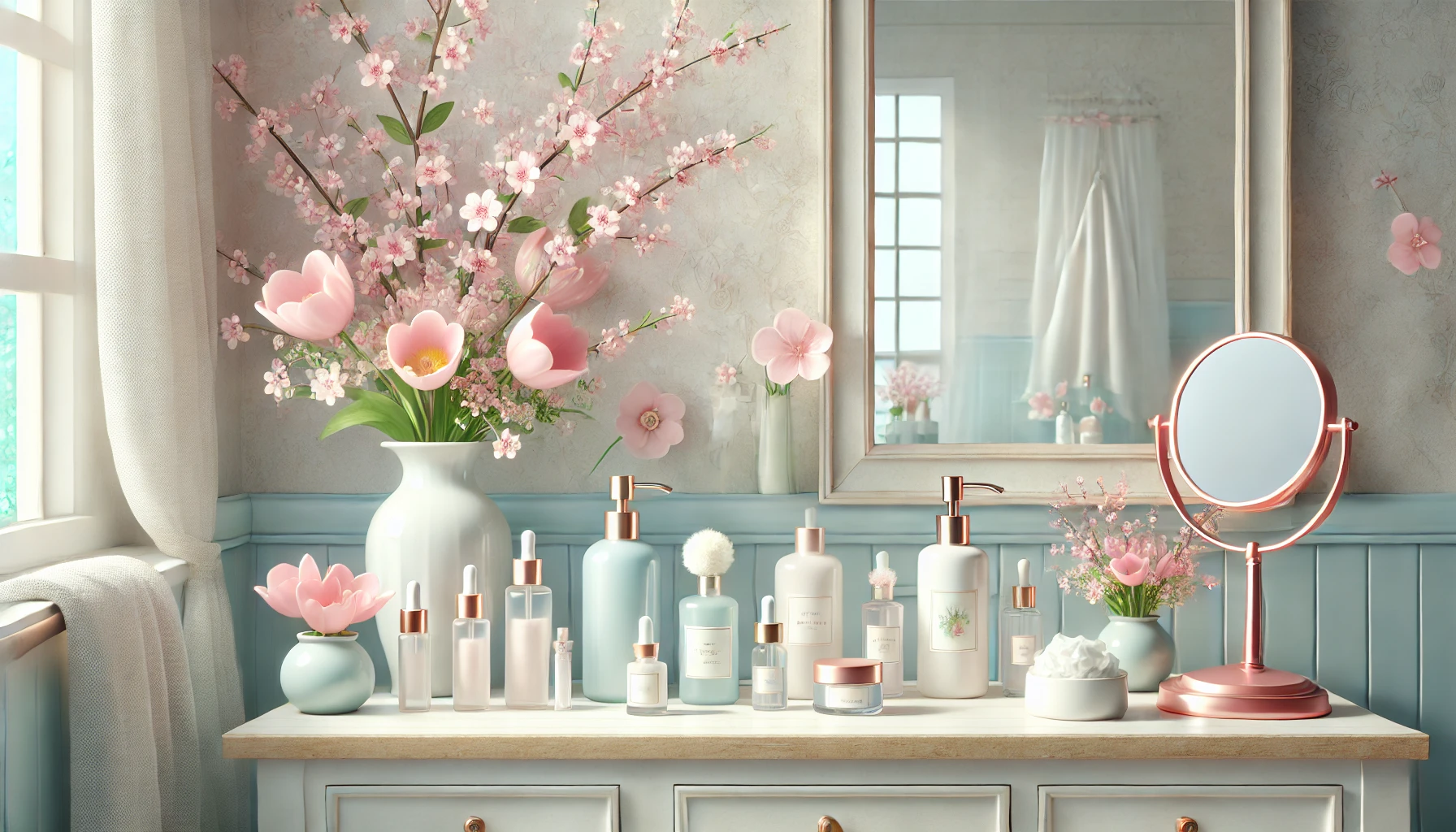 "Serene spring-themed bathroom setup with natural lighting, pastel-colored accents, blooming flowers, and a vanity table showcasing light skincare products."