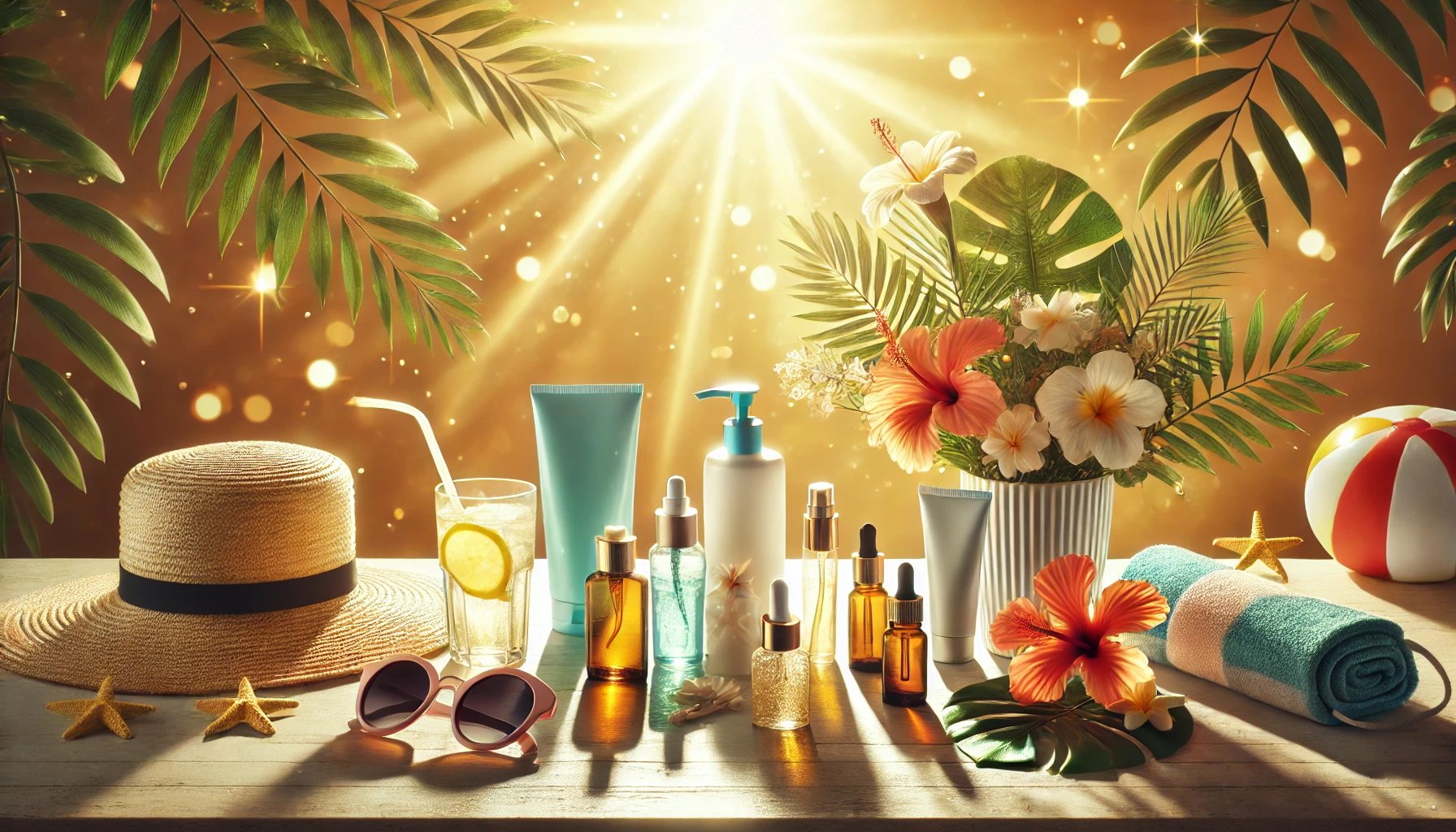 "Realistic summer-themed skincare setup under warm golden sunlight, featuring tropical flowers, sunscreens, hydrating serums, and a beach-inspired arrangement."