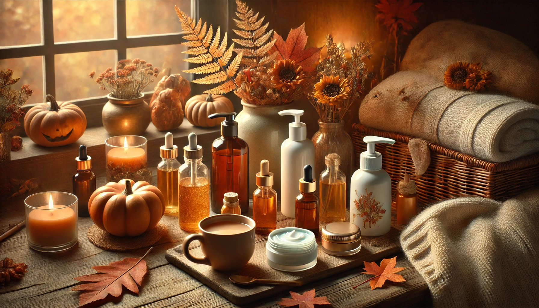 "Realistic autumn-themed skincare setup with rich moisturizers, hydrating serums, and fall decor, including leaves, pumpkins, and a warm cup of tea."