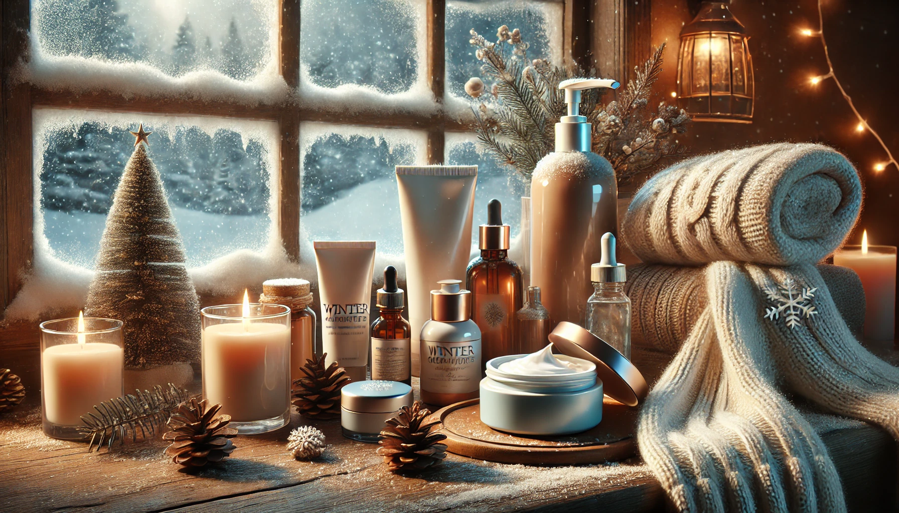 "Realistic winter-themed skincare setup with thick moisturizers, hydrating creams, and soothing balms, set against a snow-covered window with cozy decor."