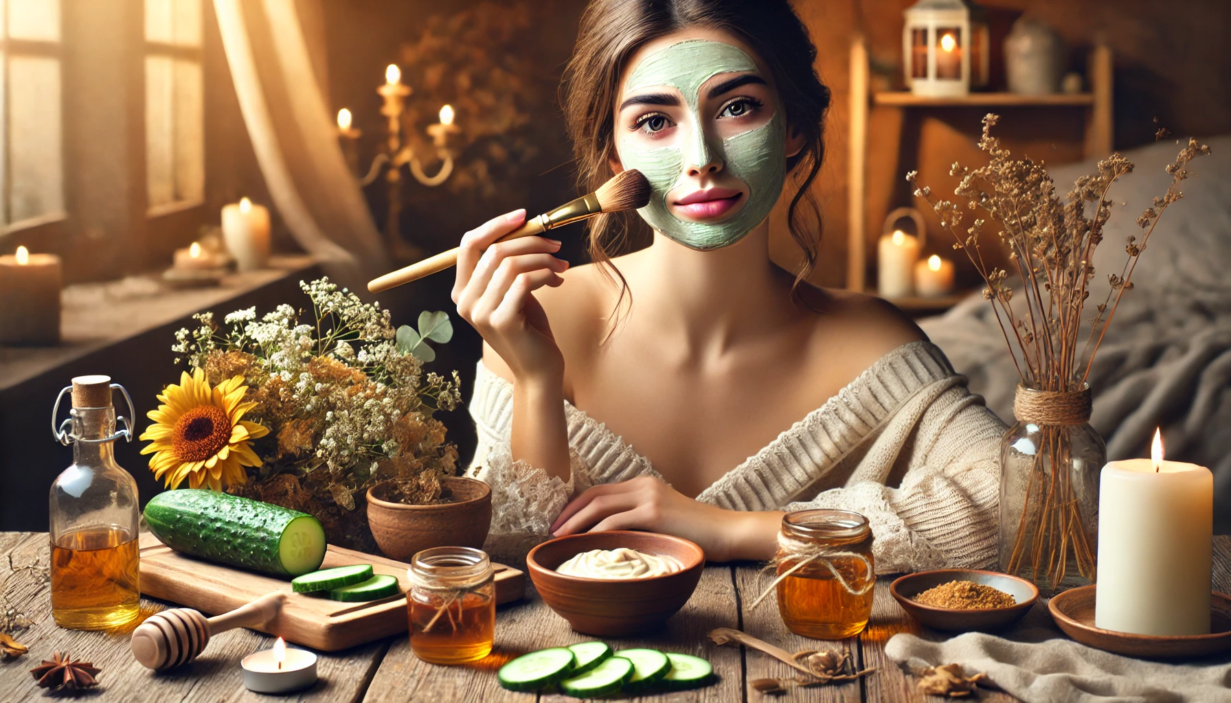 DALL·E 2024 12 09 22.52.46 A realistic image of a woman applying a DIY facial mask in a cozy natural setting. The scene includes a wooden table with natural ingredients like ho