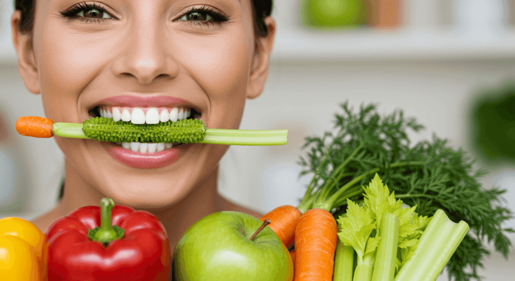 Woman smiling with a celery stick in her teeth, surrounded by fresh vegetables.