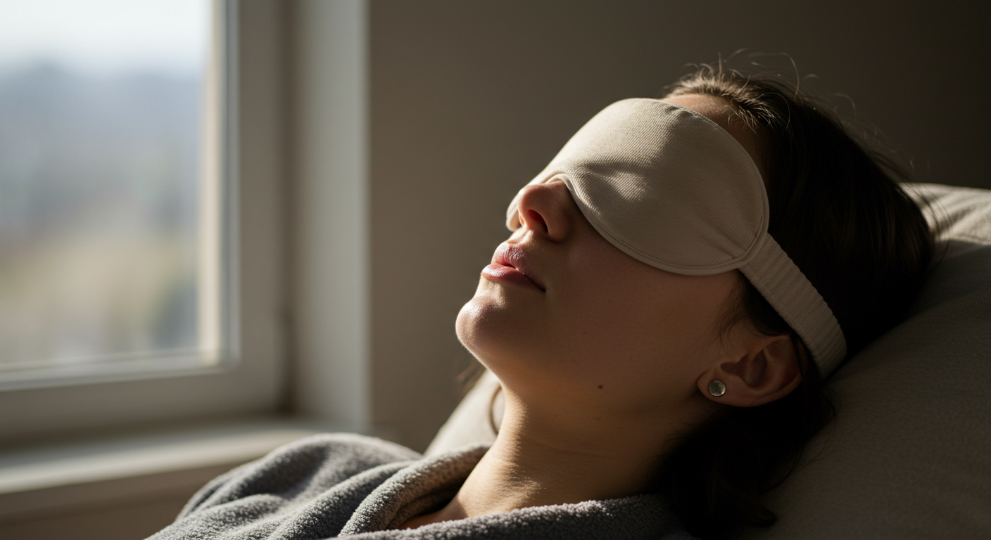 Woman resting with a sleep mask in sunlight