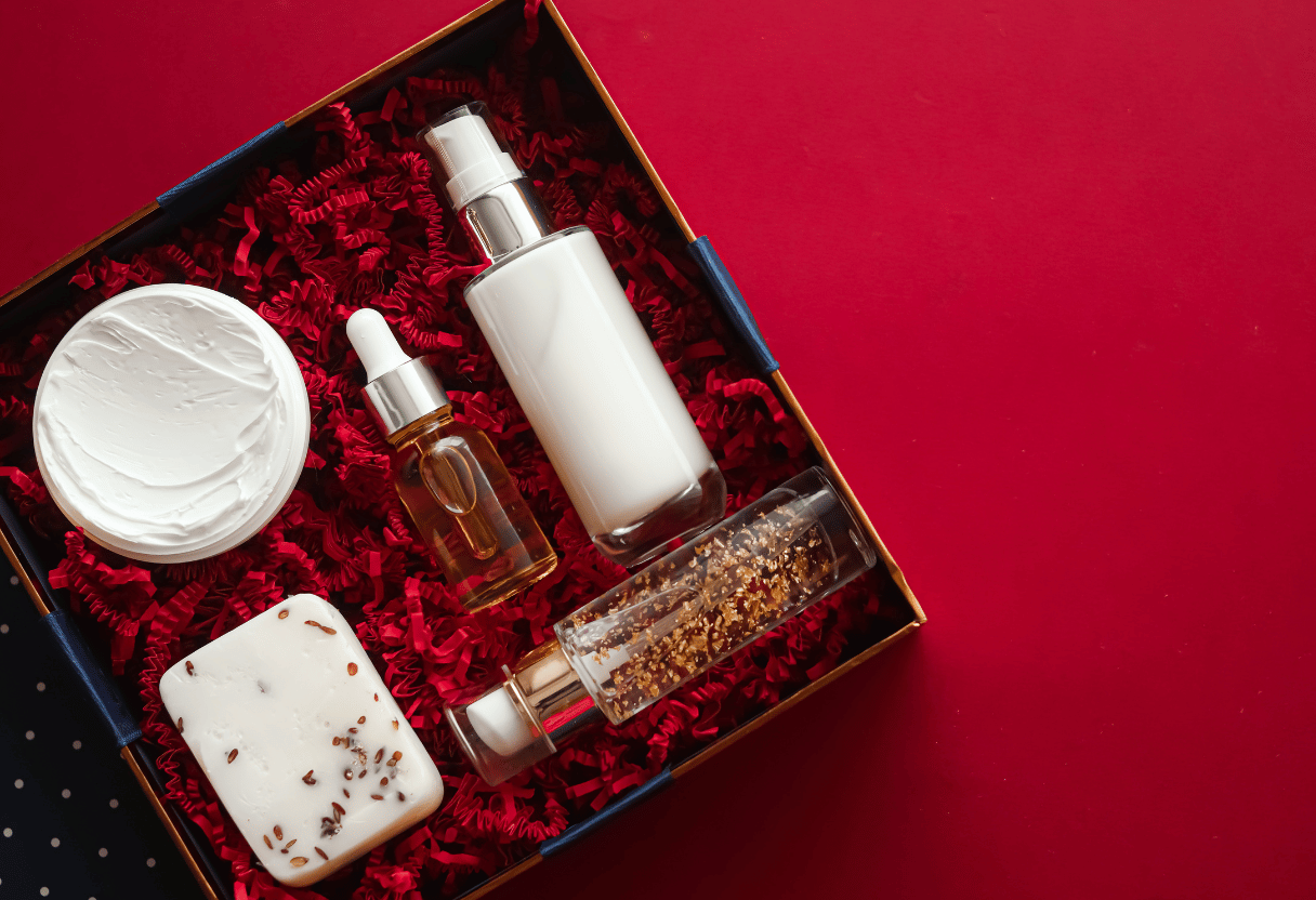 Skincare products in a red gift box