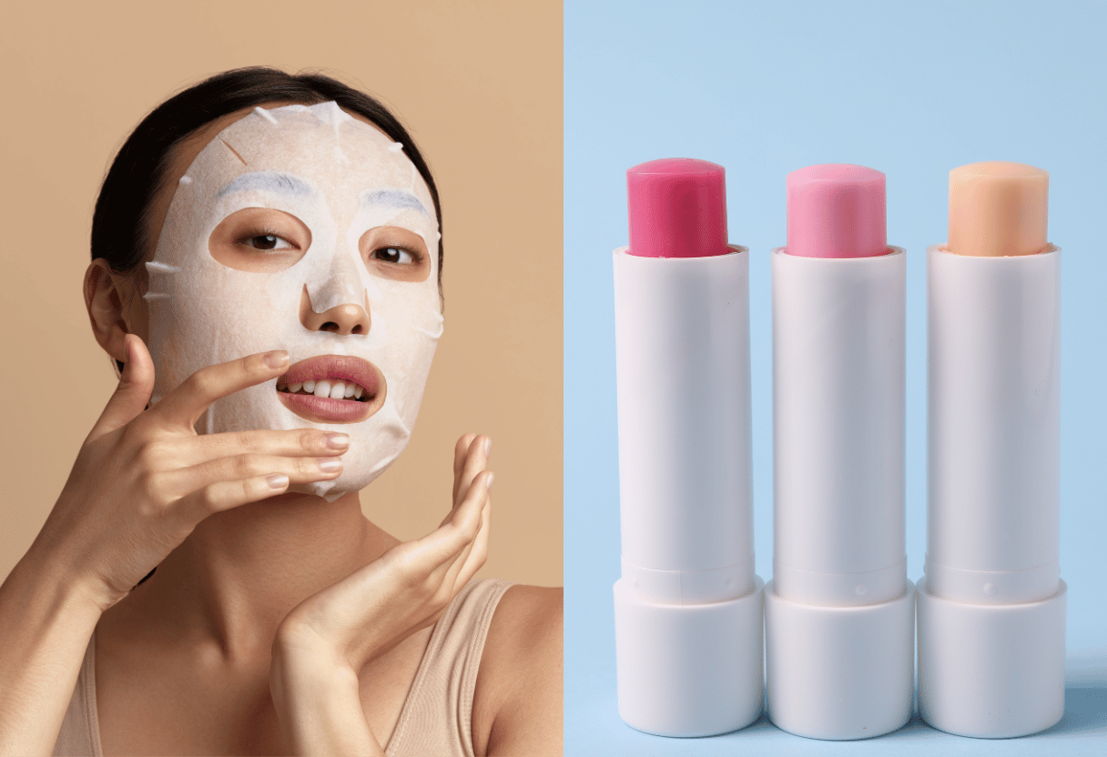 Sheet mask application and lip balms