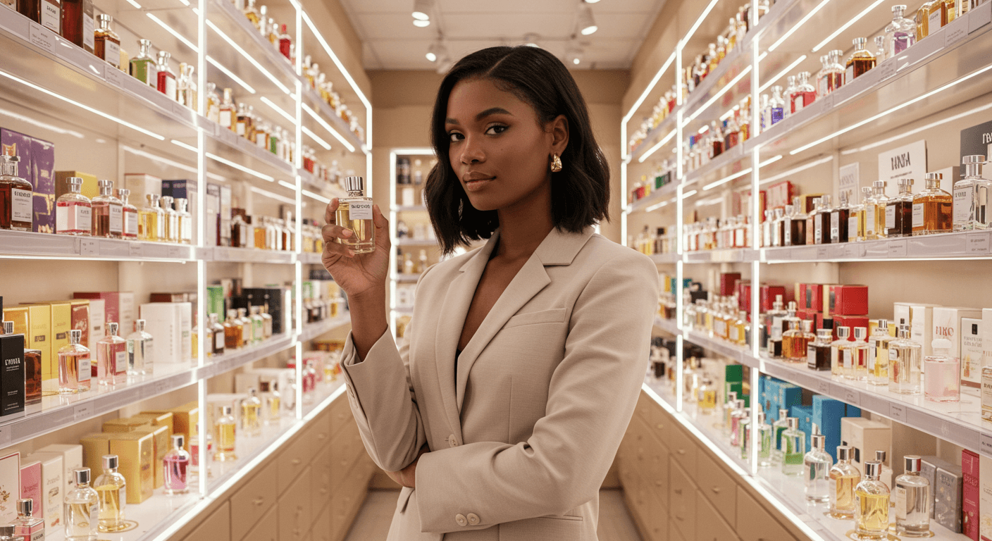 A stylish woman in a beige blazer holding a perfume bottle confidently in a brightly lit fragrance aisle.