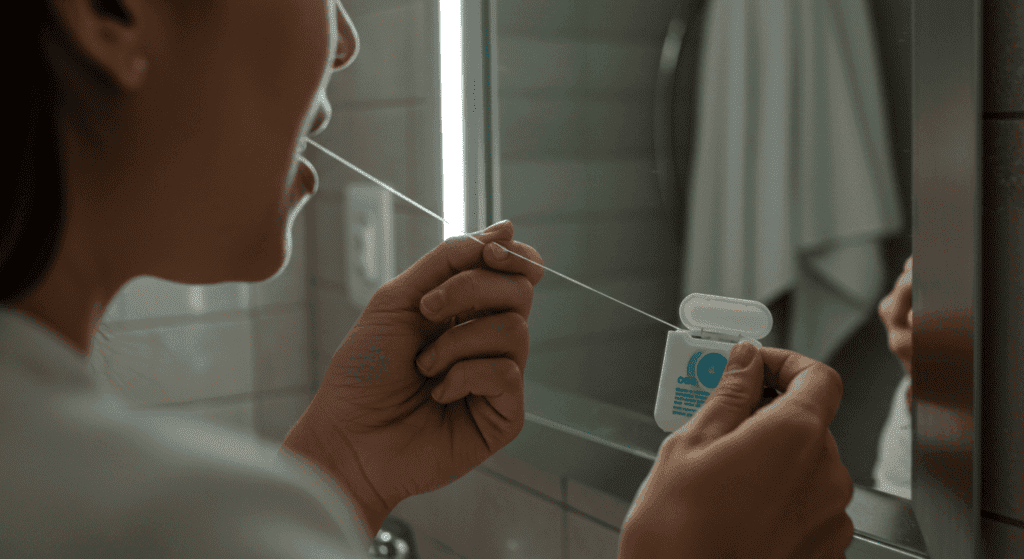 Woman flossing her teeth in front of a bathroom mirror.