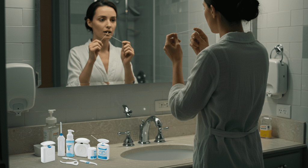 A woman in a bathroom mirror flossing her teeth, with dental floss products displayed on the counter.