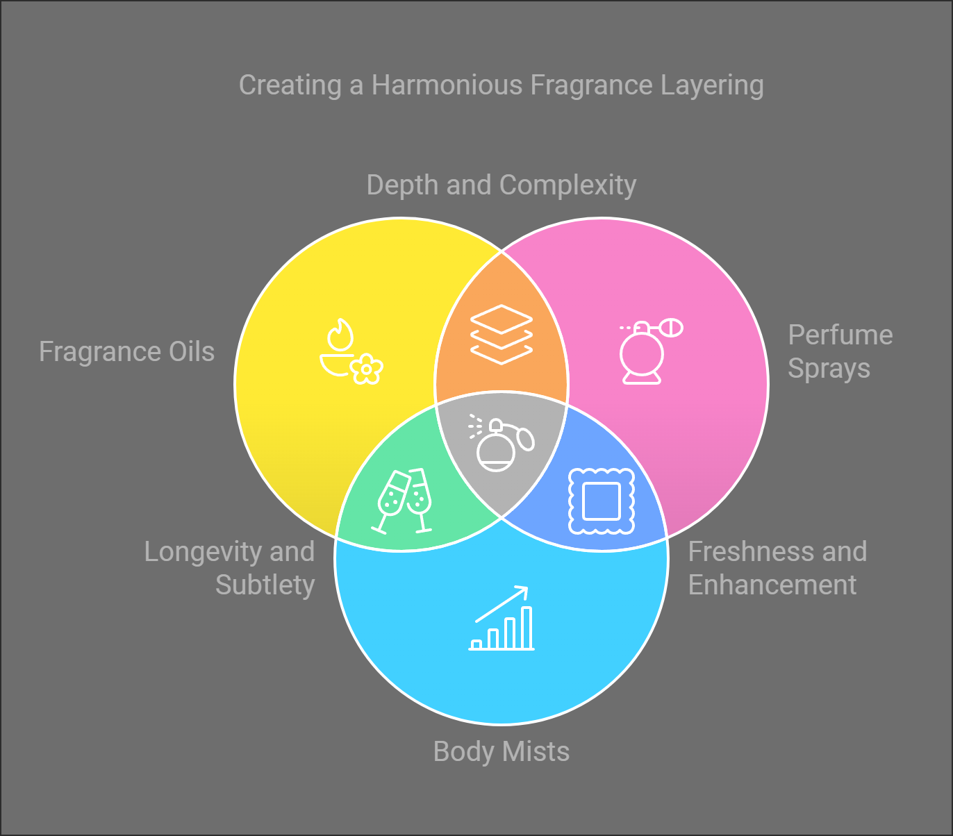 A colorful Venn diagram highlighting fragrance layering elements like perfume sprays, oils, and body mists with overlapping benefits.