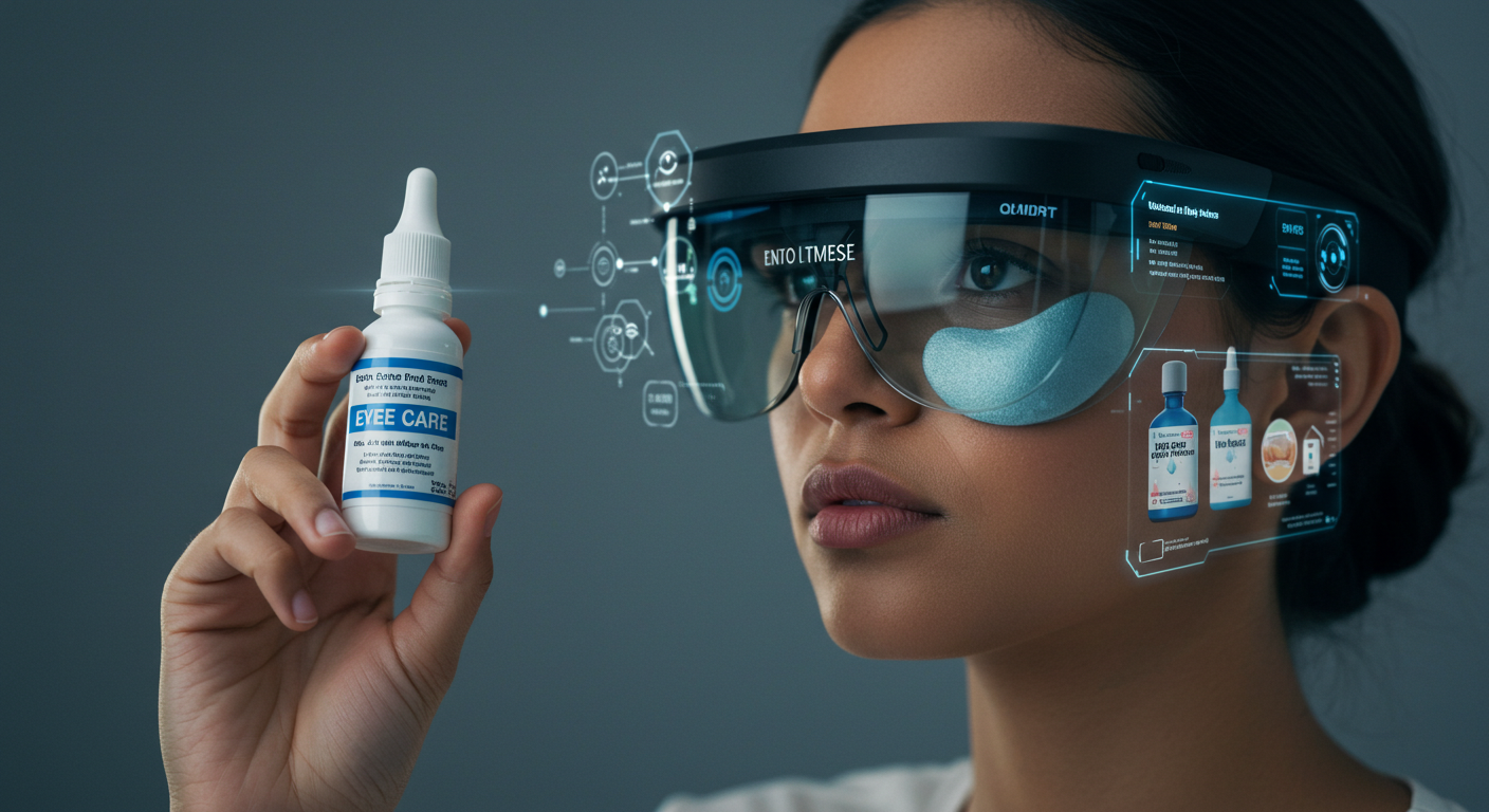Woman with futuristic glasses holding an eye care product