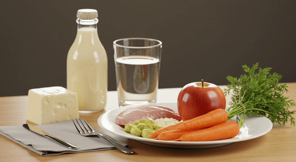 A balanced meal with fresh vegetables, an apple, milk, and protein, promoting gum health.