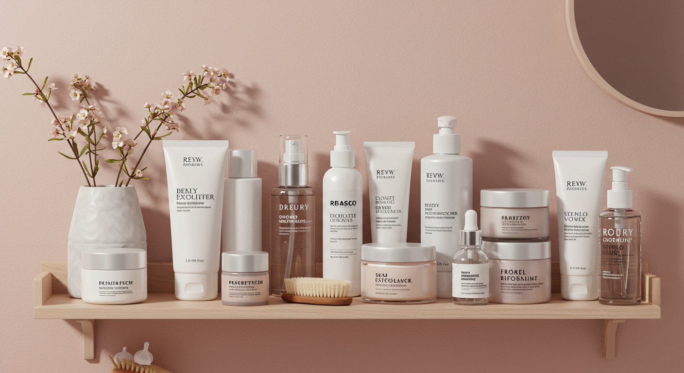 A curated shelf of skincare products with floral decor