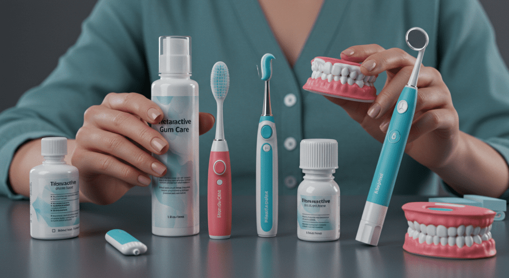 A collection of advanced gum care tools and products, including electric toothbrushes and gum care solutions.
