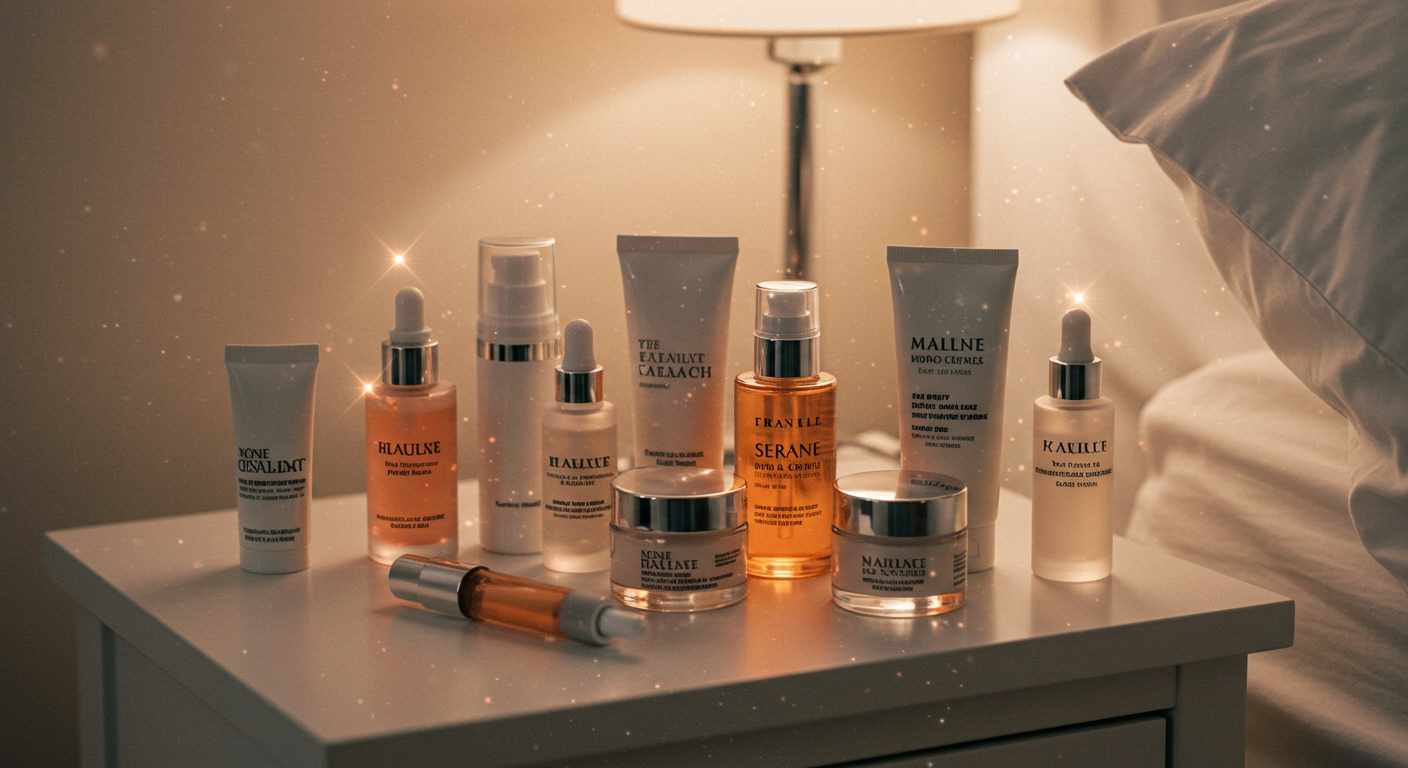 Various skincare products displayed under a soft glow, emphasizing key ingredients for radiant skin.