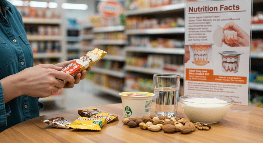 A shopper examines nutrition bars, surrounded by healthy snack options and a nutritional fact sheet.