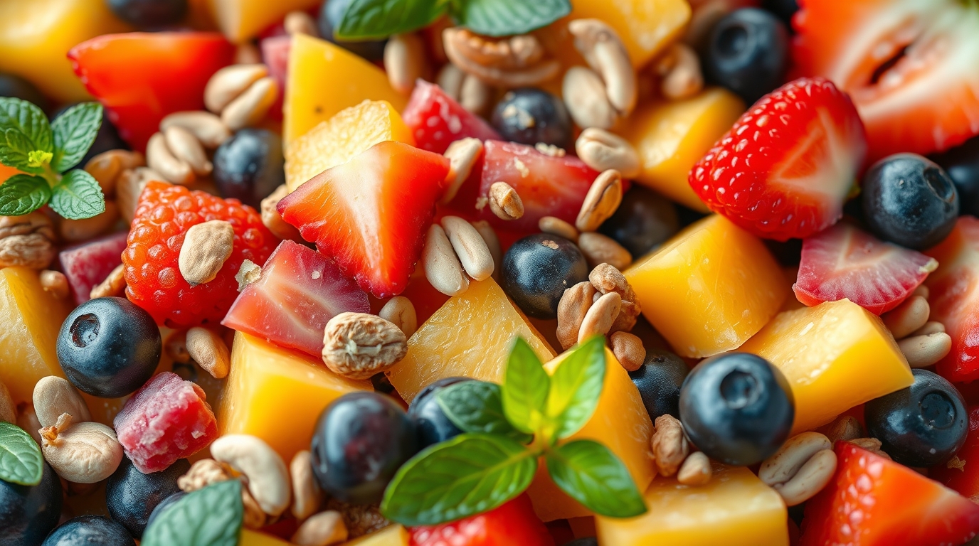 Close-up of colorful fruits, nuts, and seeds