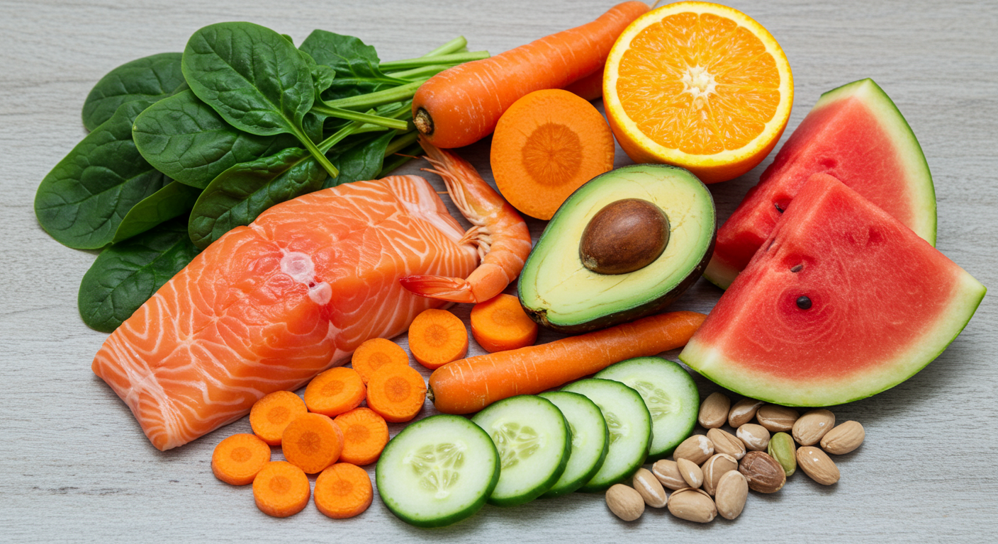 Healthy foods like salmon, carrots, and spinach