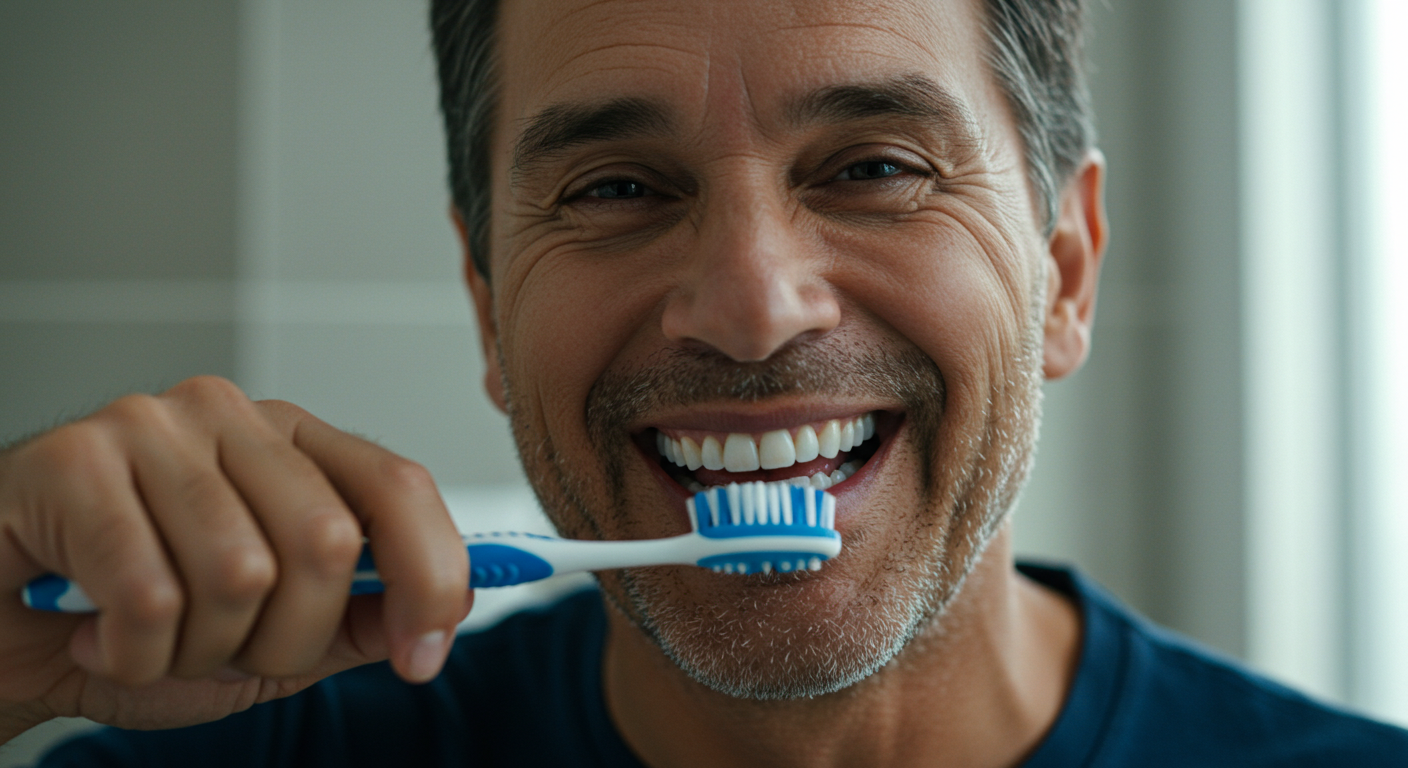 A close-up of a smiling man brushing his teeth with a blue and white toothbrush.