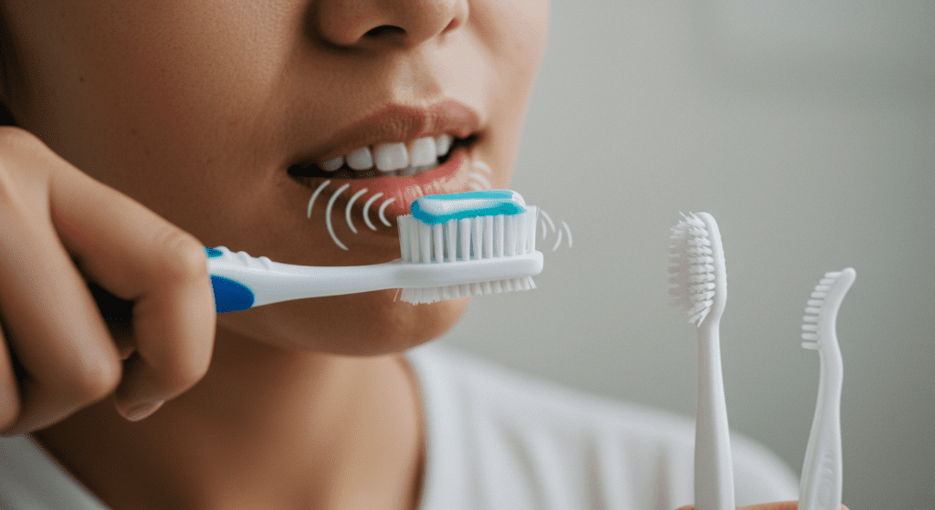 A woman demonstrating proper brushing techniques with different toothbrushes.