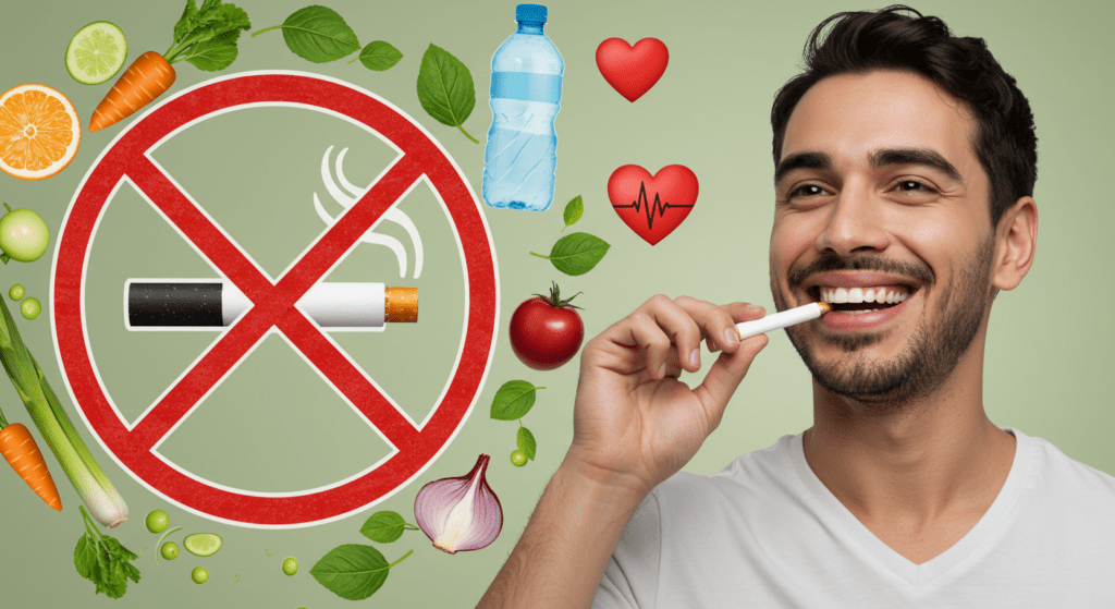 A smiling man holding a cigarette replacement device with anti-smoking imagery in the background.