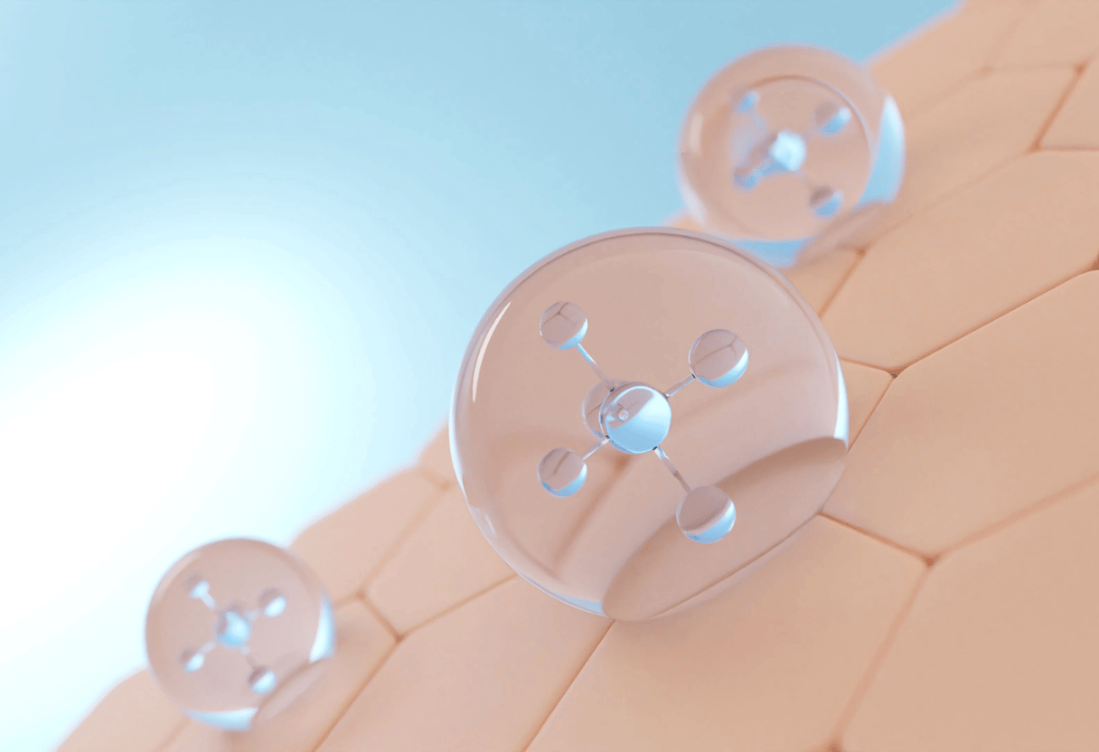 A close-up visualization of hydration molecules penetrating the skin's surface for improved hydration.