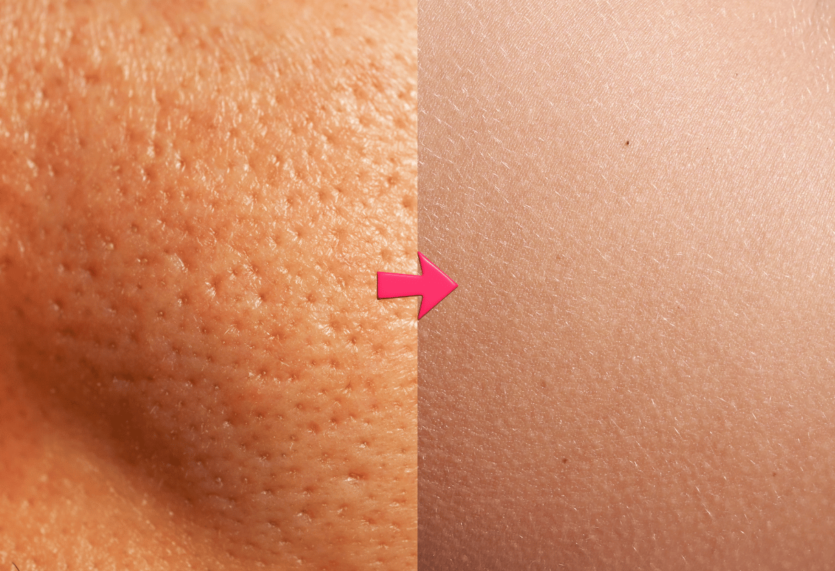 A split image comparing rough skin texture on the left and smooth skin texture on the right.