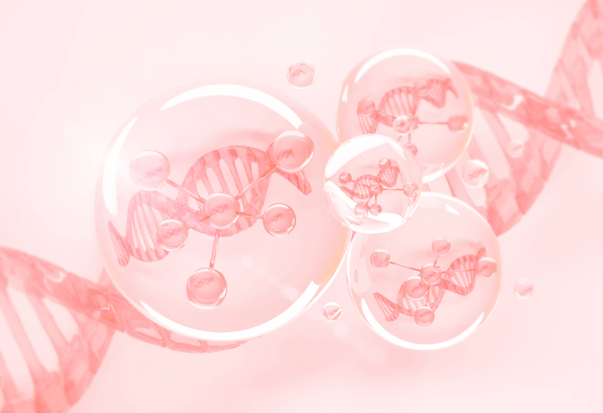 A conceptual image of DNA molecules encapsulated in hydration spheres, representing cellular renewal.