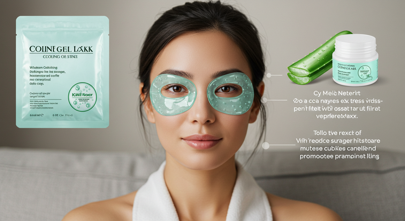Woman wearing eye cooling patches with skincare products