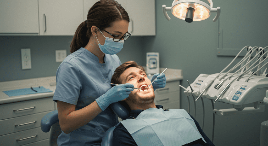 A dentist examining a patient’s teeth during a checkup in a modern clinic.