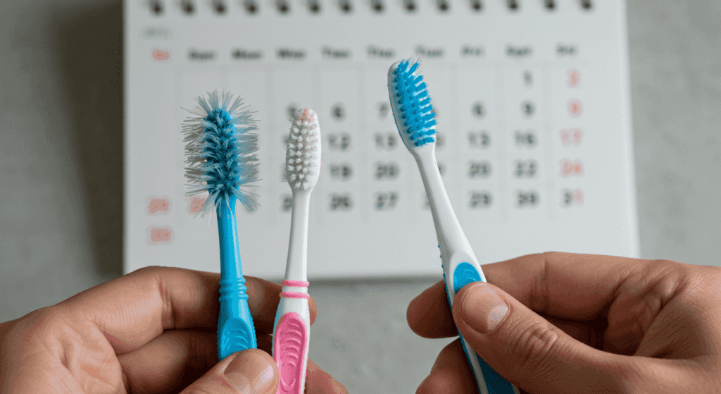Hands holding three toothbrushes in varying conditions against a calendar backdrop.