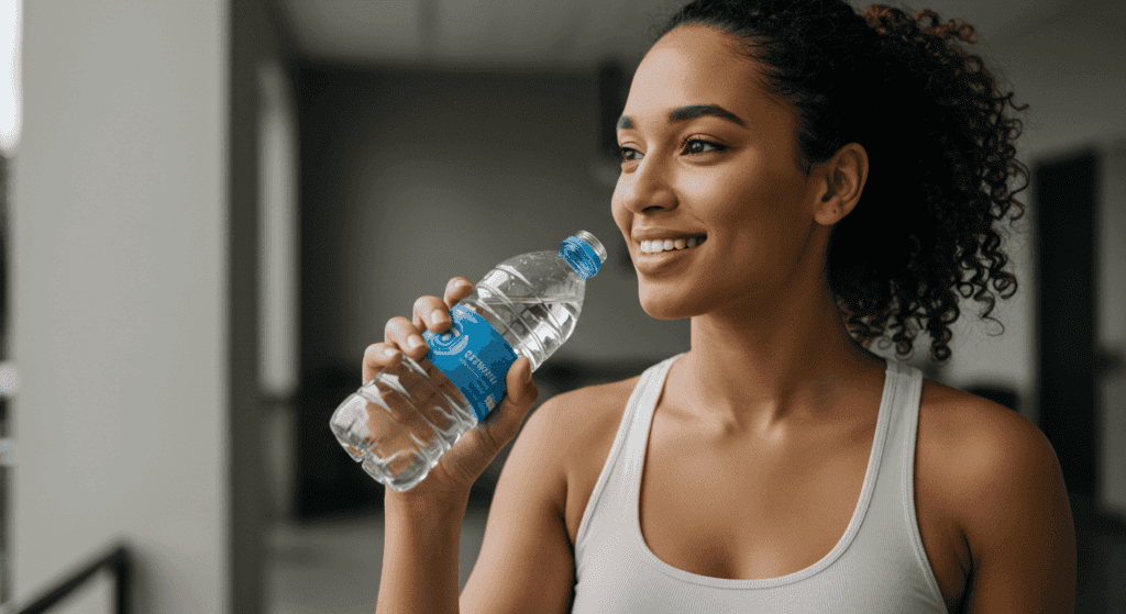 Woman drinking water from a bottle while smiling outdoors.