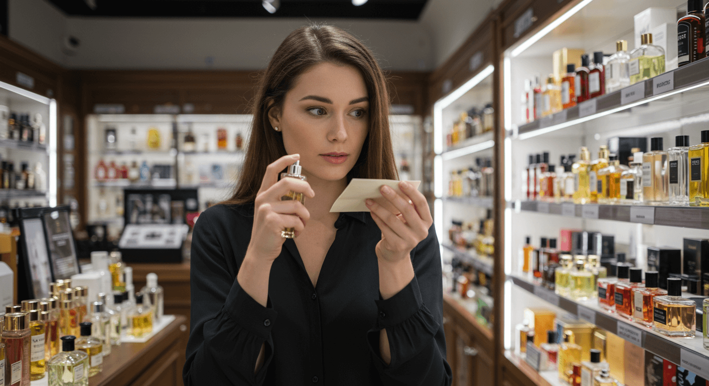 A focused woman testing a perfume on a scent strip in a bright, modern fragrance store.