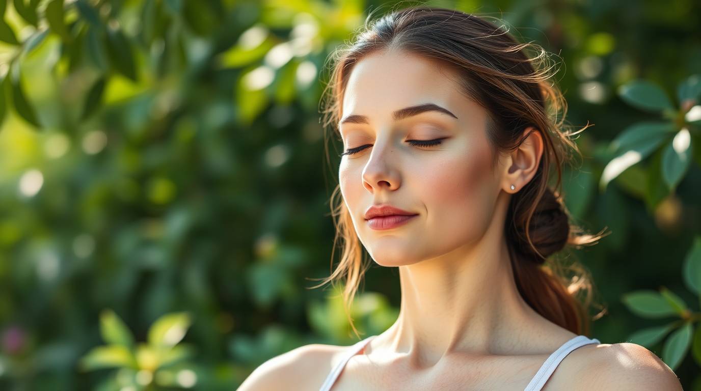Relaxed woman outdoors with glowing skin in sunlight. A woman working out in a