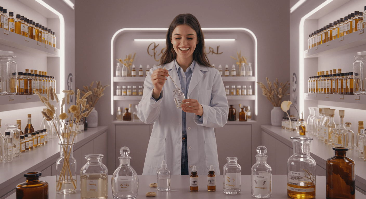 A smiling perfumer in a bright laboratory carefully mixing ingredients to create a unique scent.