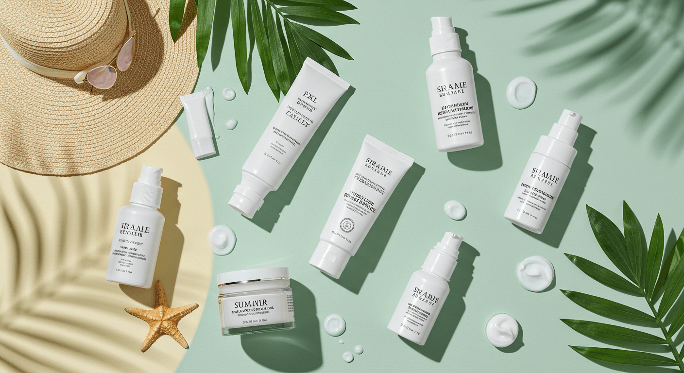 A collection of summer skincare products arranged with a straw hat and palm leaves.