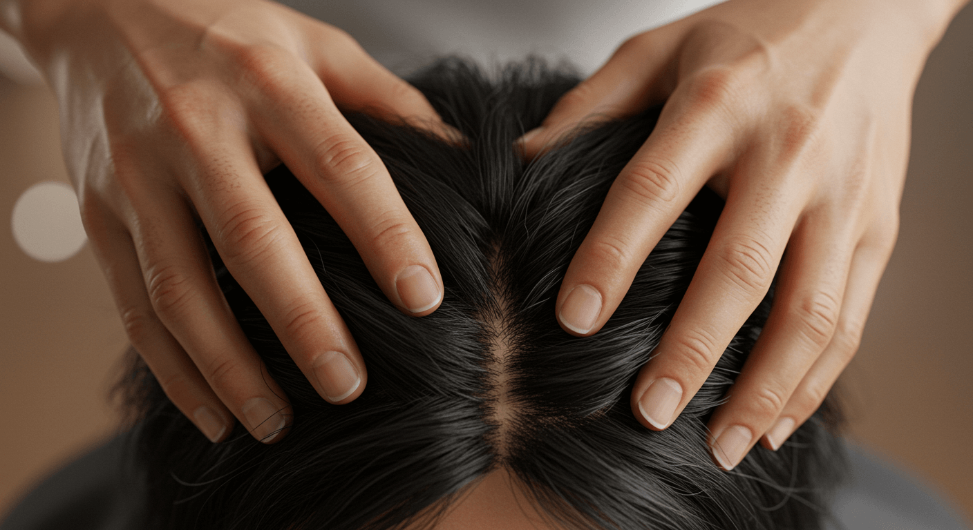 Close-up of hands performing a relaxing scalp massage on a person with dark hair.