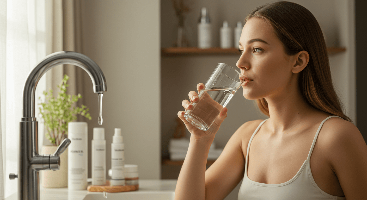 A woman drinking water in a bright bathroom setting.