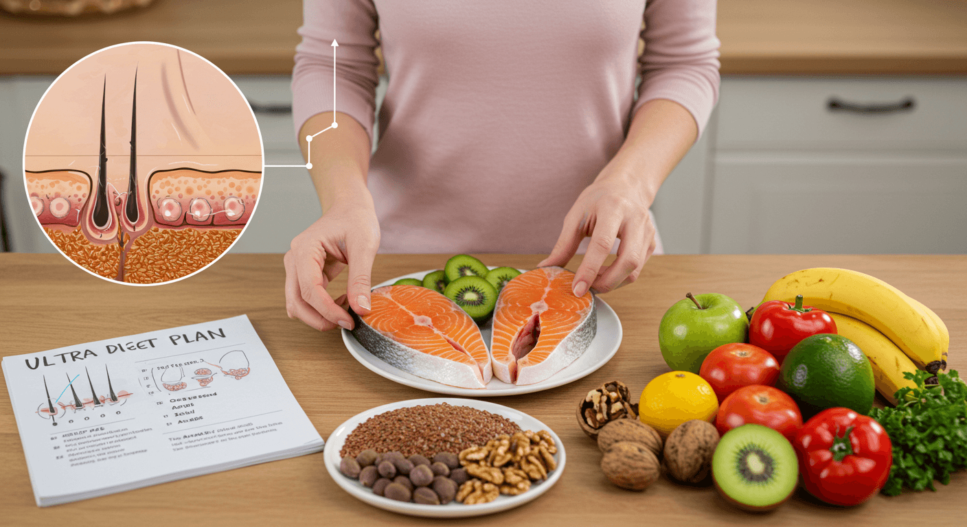 A table setup with a healthy diet plan and nutrient-rich foods for hair health.