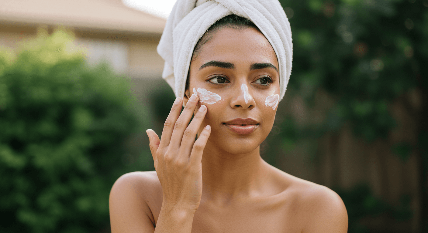 A woman with a towel on her head applying sunscreen to her face.
